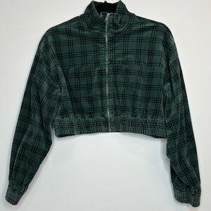 Forever 21 Dark Green Plaid Cropped Bomber Jacket